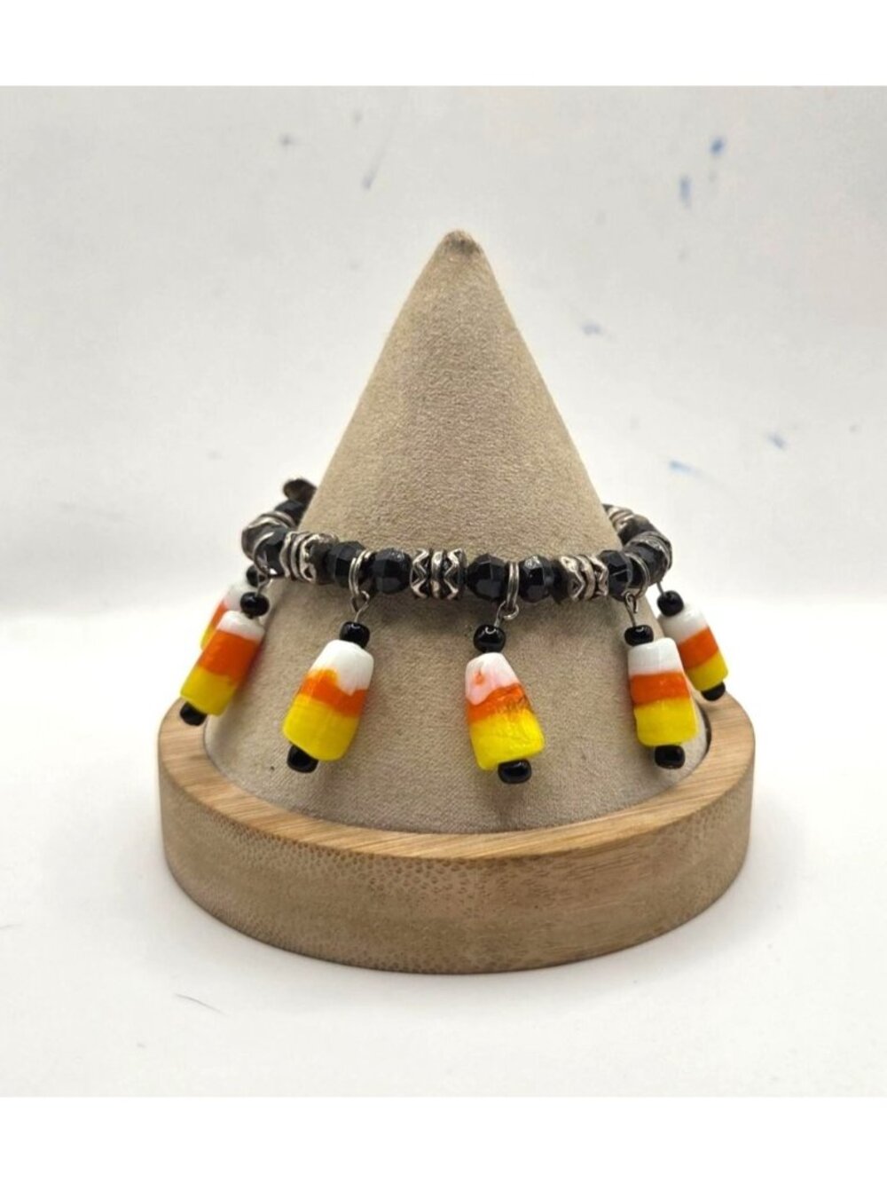 Candy Corn Look Glass Bead Charm Bracelet With Black Beads & Silver Accents Togg
